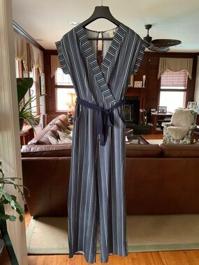 Monteau Navy and White Striped Wrap Jumpsuite with Belt
